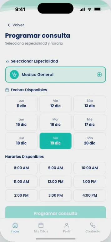 Booking screen: choosing a specialty, a date and a time for a medical visit